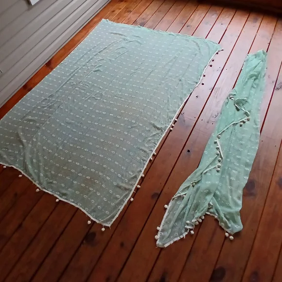 True antique vintage 1930's 40's mint green pom pom curtains 60 x 79